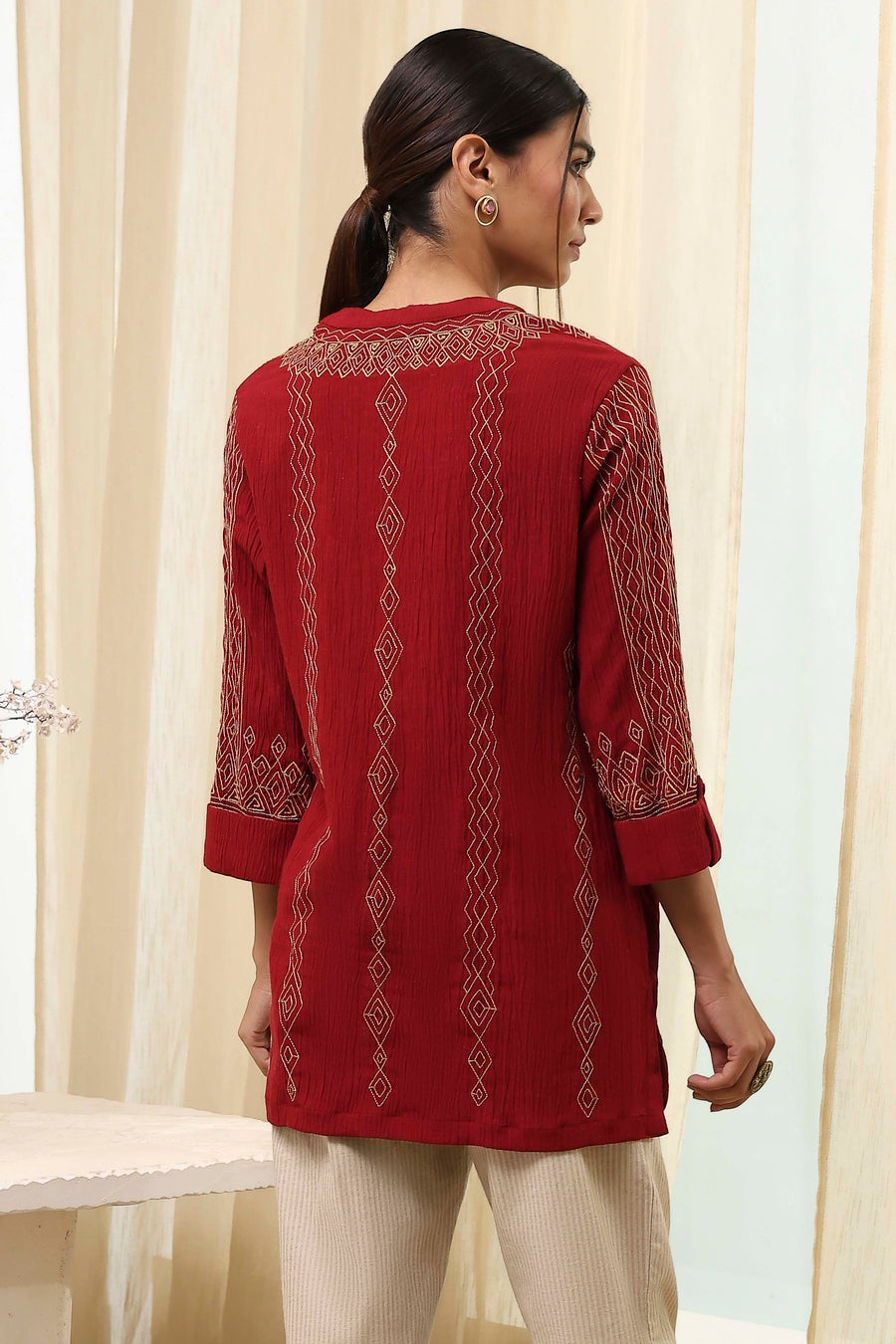 Red Embroidered Straight Short Kurta K60
