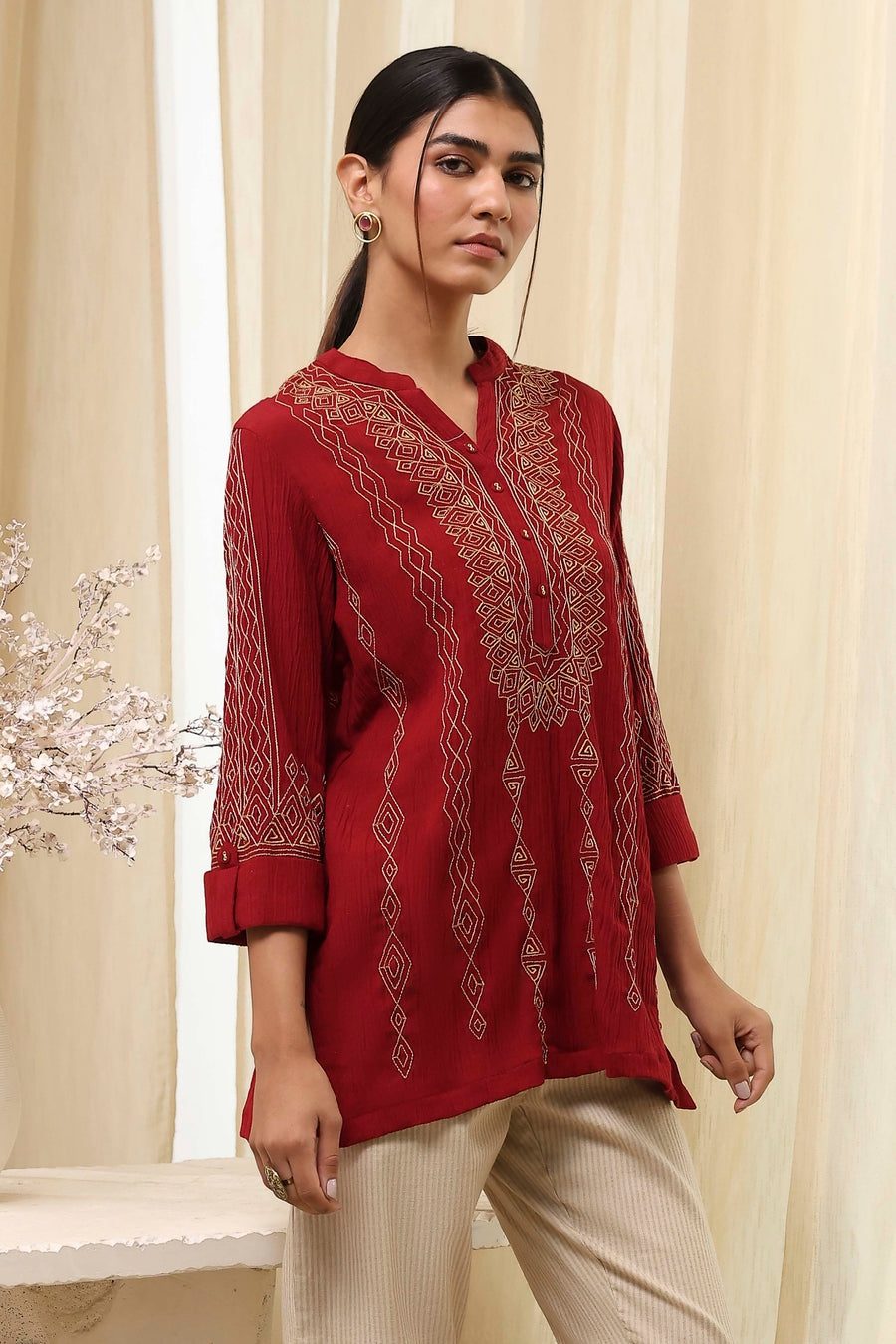 Red Embroidered Straight Short Kurta K60