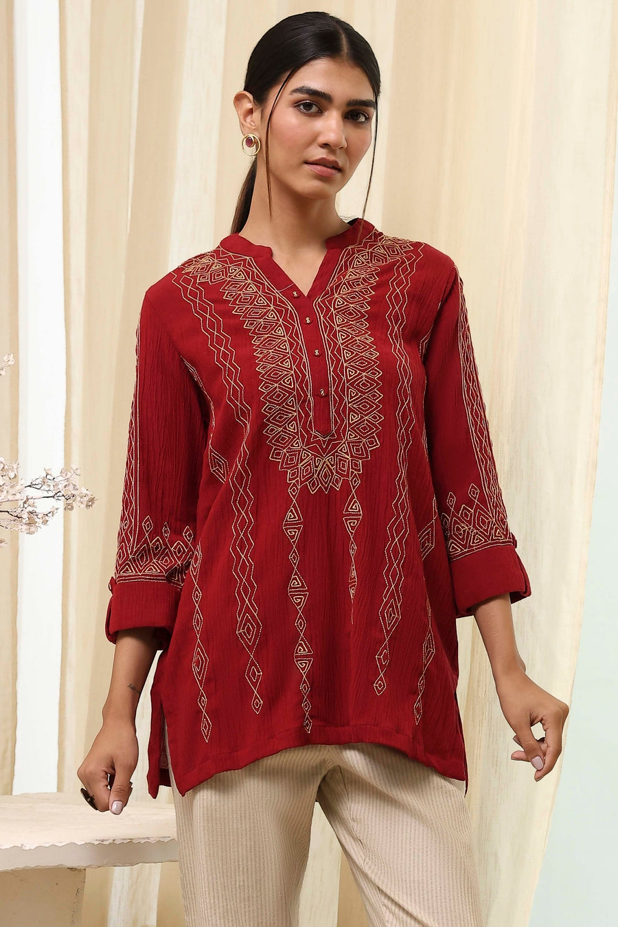 Red Embroidered Straight Short Kurta K60