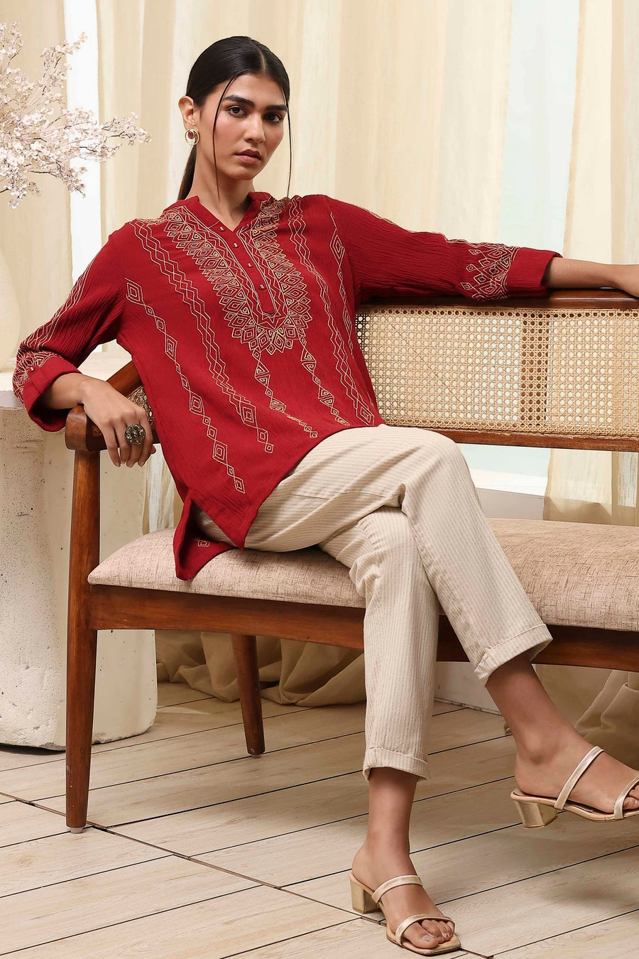 Red Embroidered Straight Short Kurta K60