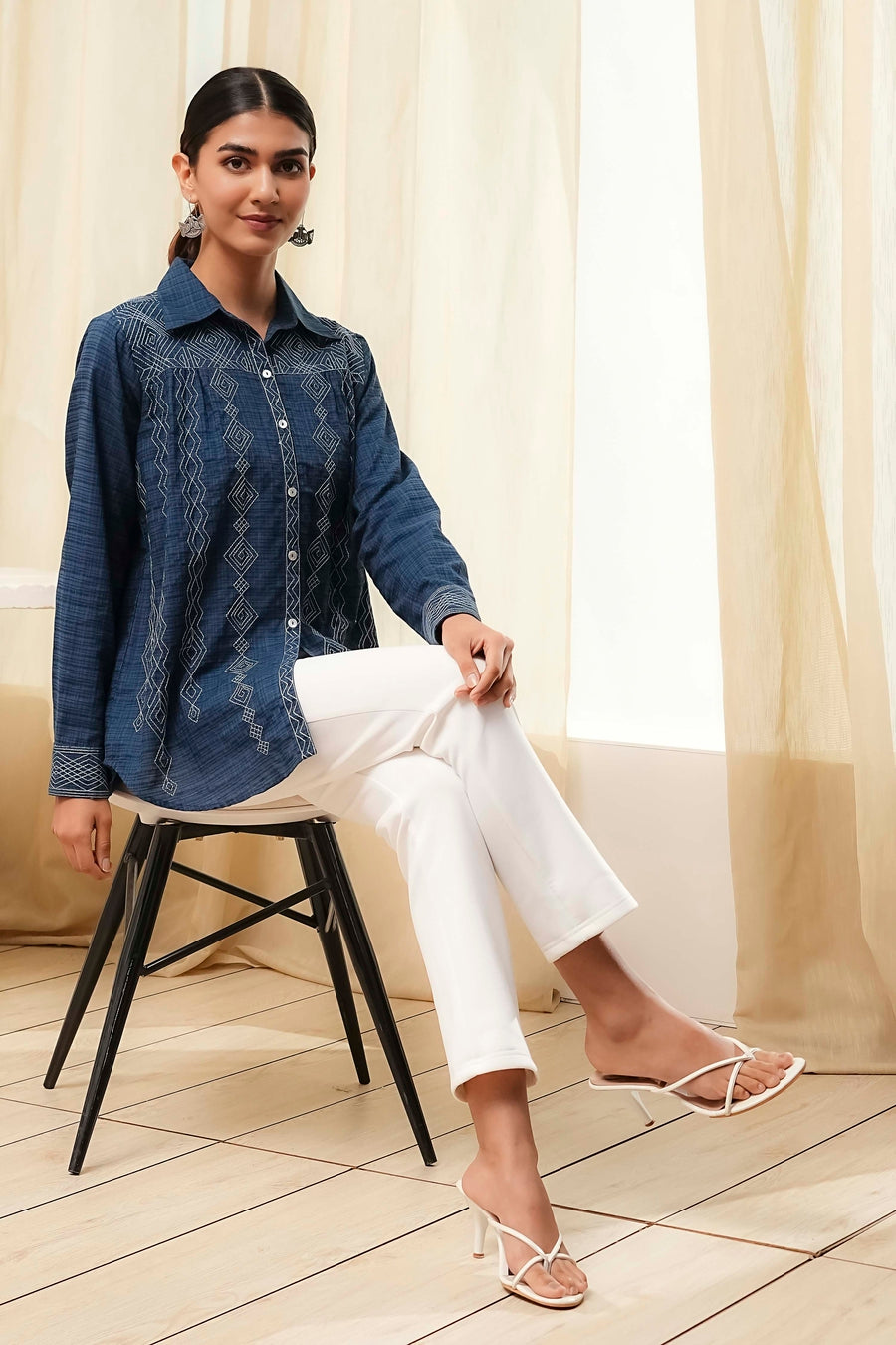 Blue Cotton Blend High-Low Straight Shirt K60