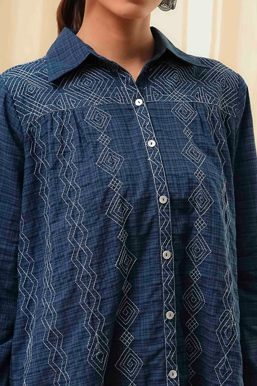 Blue Cotton Blend High-Low Straight Shirt K60
