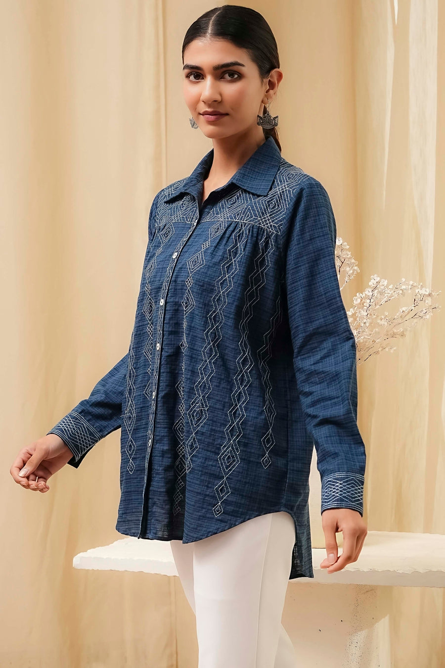 Blue Cotton Blend High-Low Straight Shirt K60