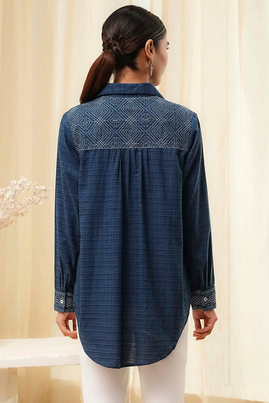 Blue Cotton Blend High-Low Straight Shirt K60