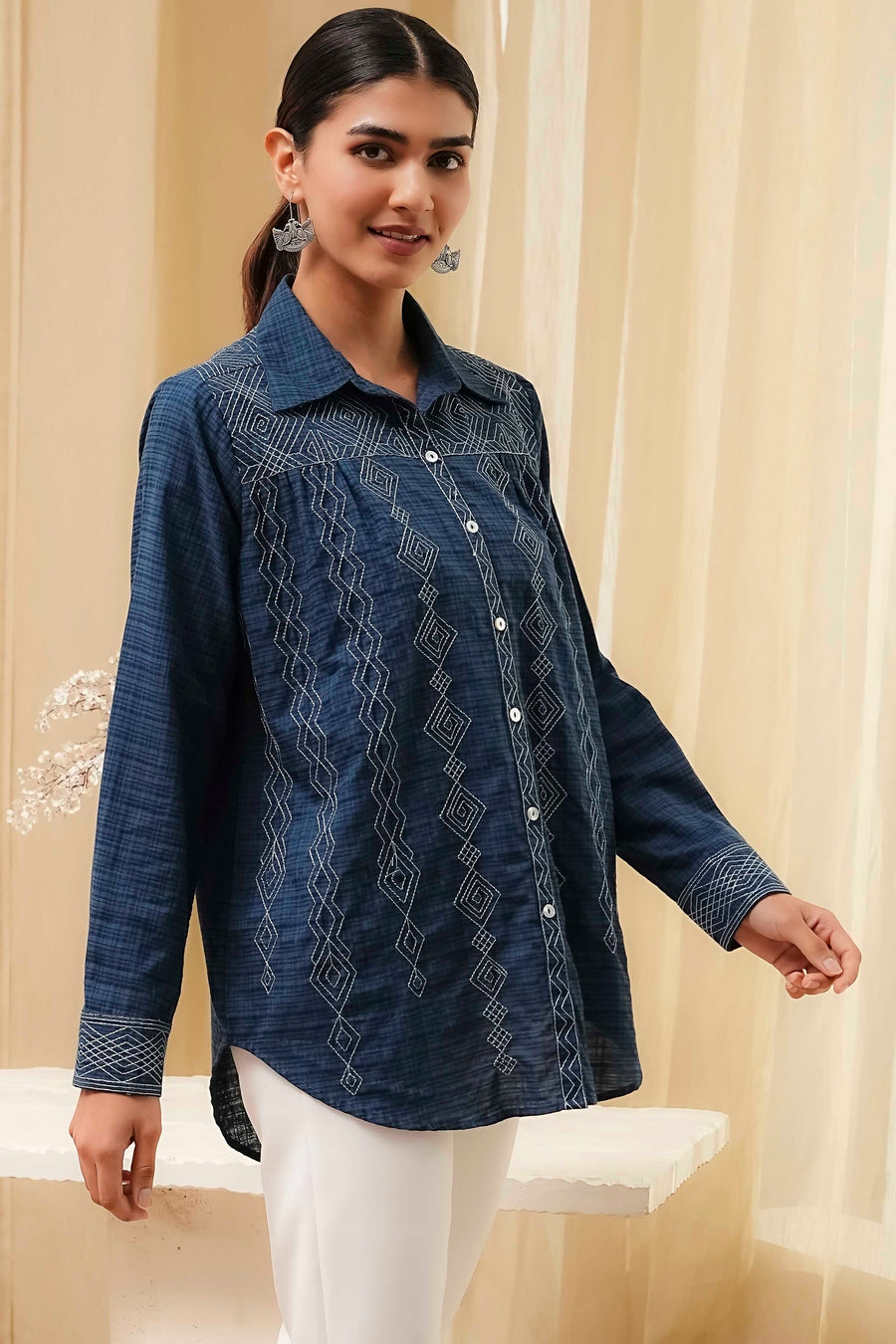 Blue Cotton Blend High-Low Straight Shirt K60