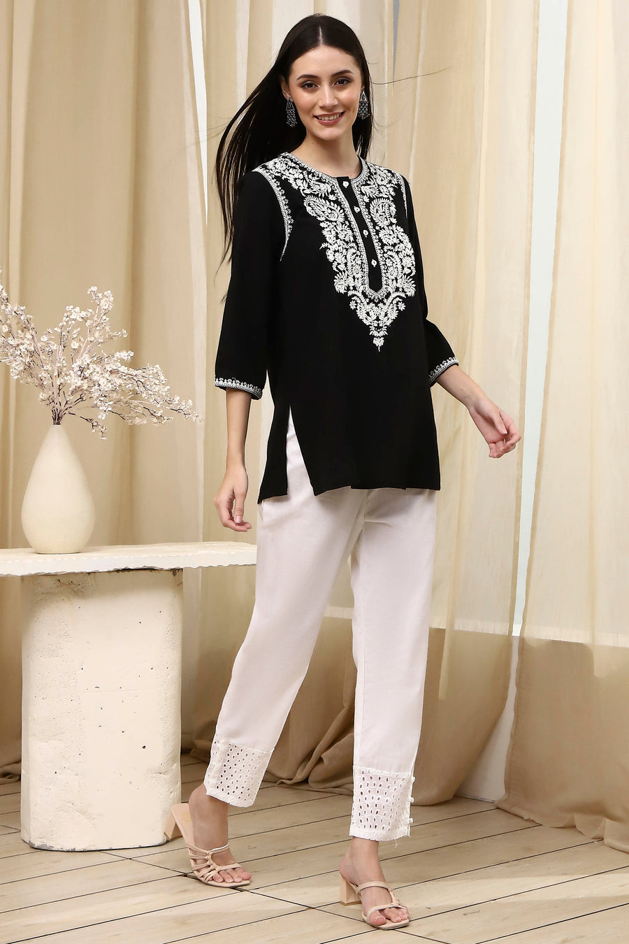 Black Embroidered Straight Short Kurta K60