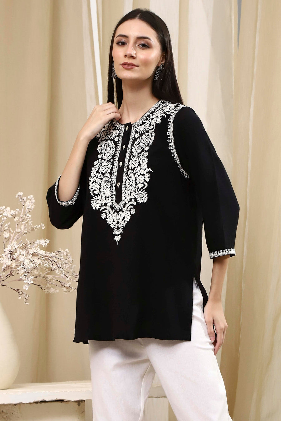Black Embroidered Straight Short Kurta K60