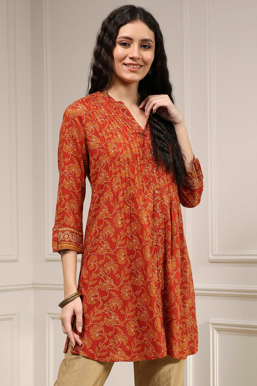 Rust Viscose Rayon Relaxed Printed Shirt K60