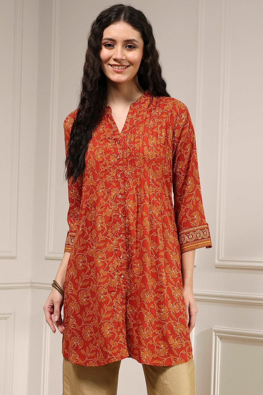 Rust Viscose Rayon Relaxed Printed Shirt K60