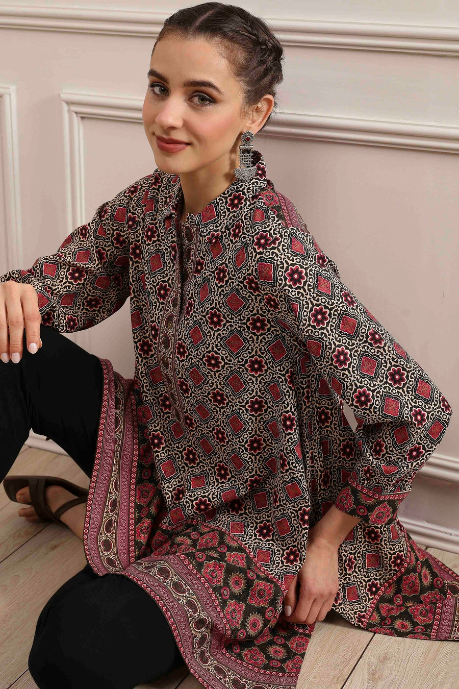 Beige Red Viscose Rayon Relaxed Printed Top K60