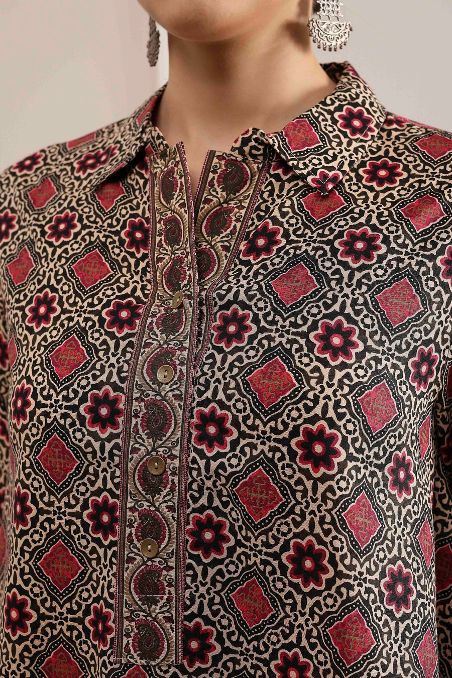 Beige Red Viscose Rayon Relaxed Printed Top K60