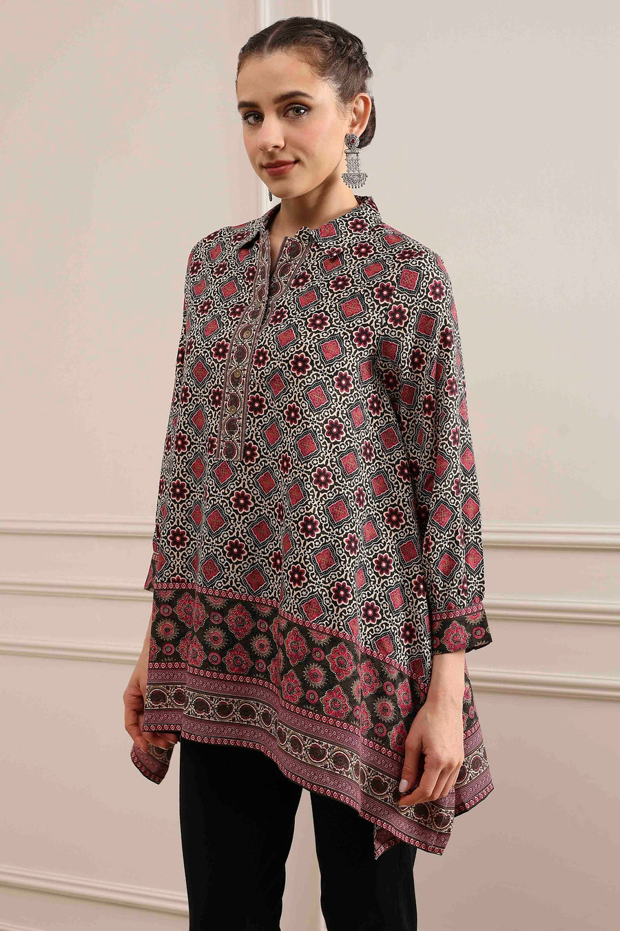 Beige Red Viscose Rayon Relaxed Printed Top K60