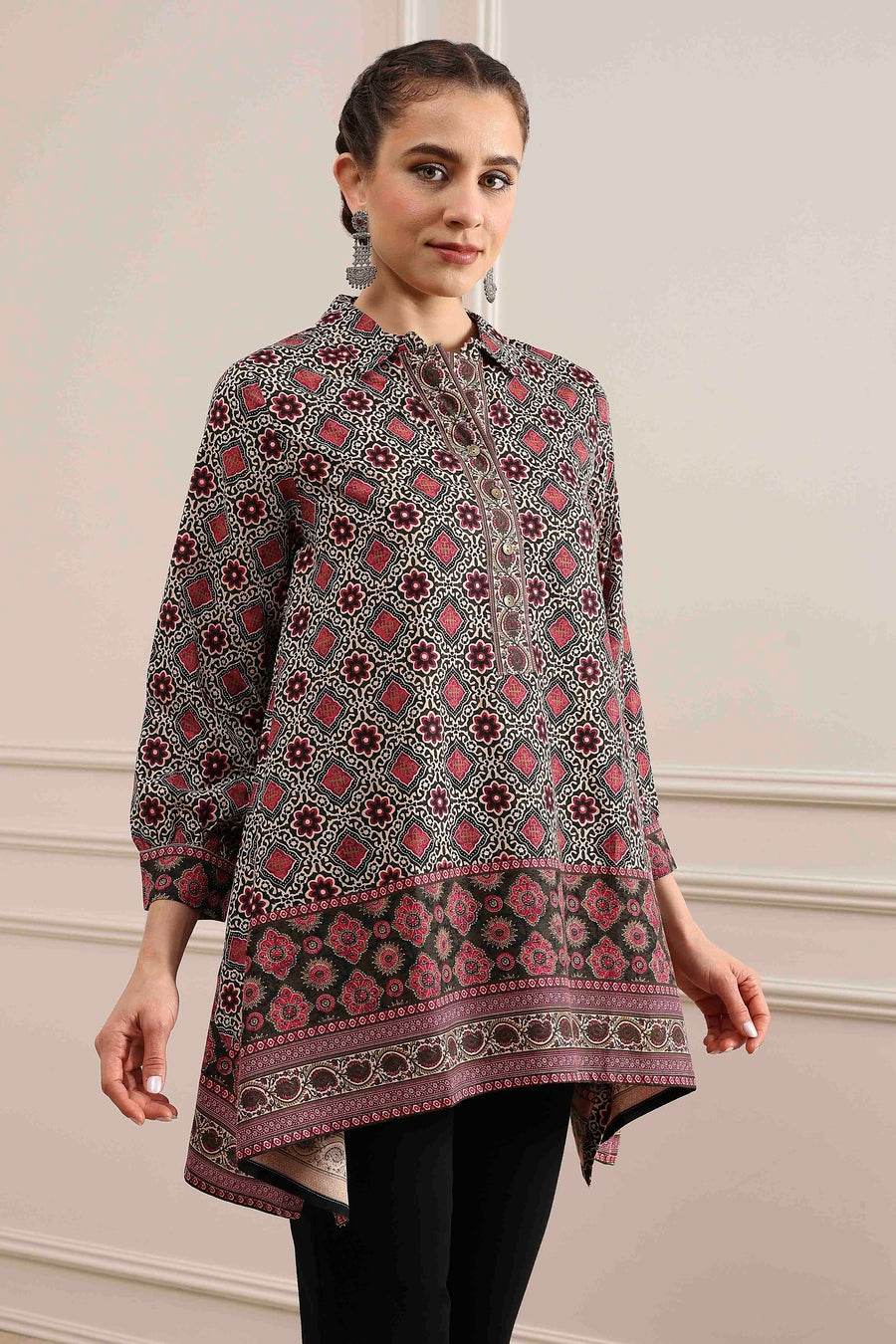Beige Red Viscose Rayon Relaxed Printed Top K60