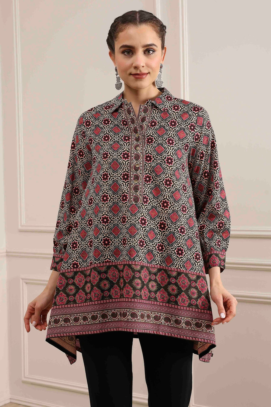 Beige Red Viscose Rayon Relaxed Printed Top K60