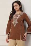 Brown Cotton Floral Yoke Embroidered Straight Kurti K60