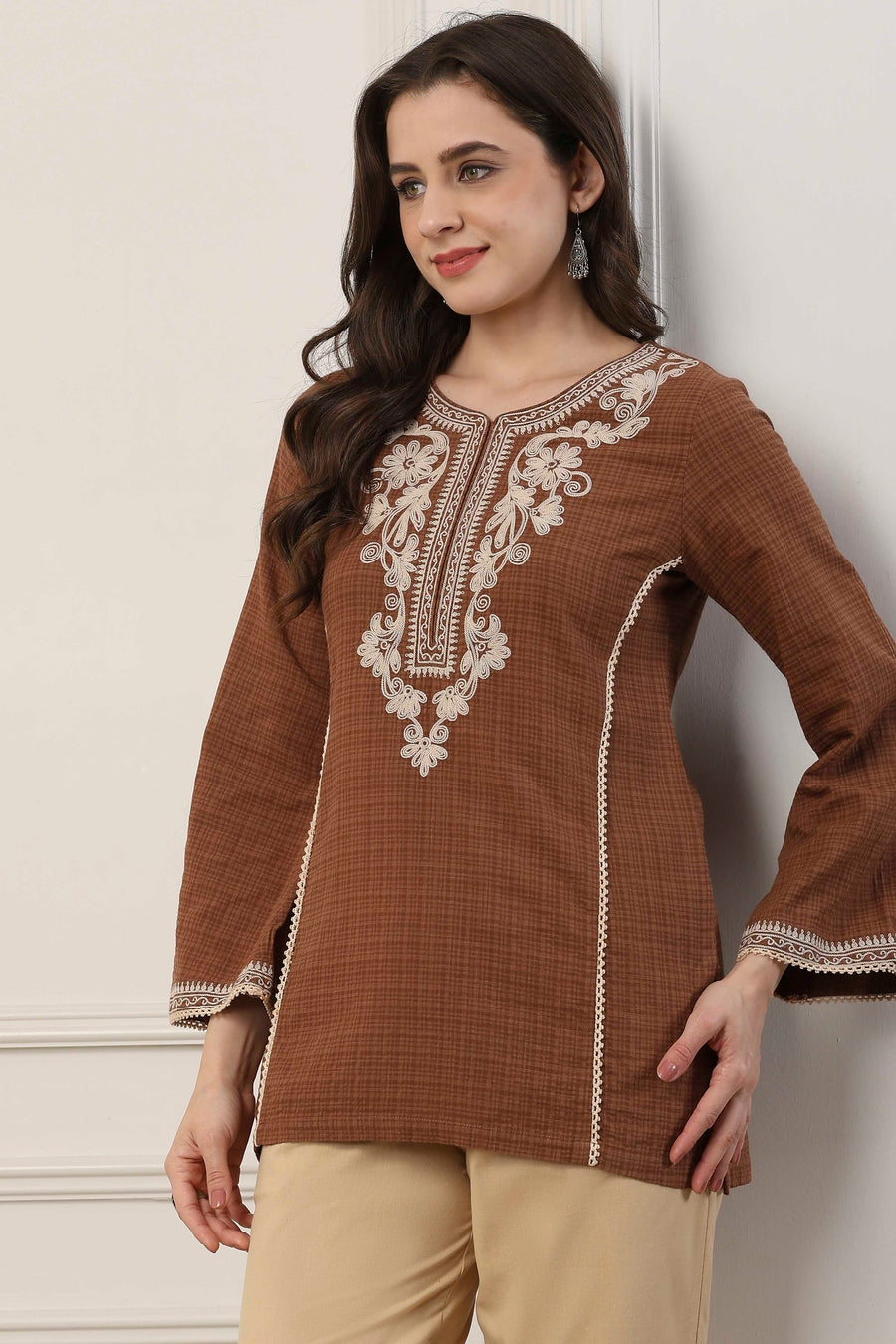 Brown Cotton Floral Yoke Embroidered Straight Kurti K60