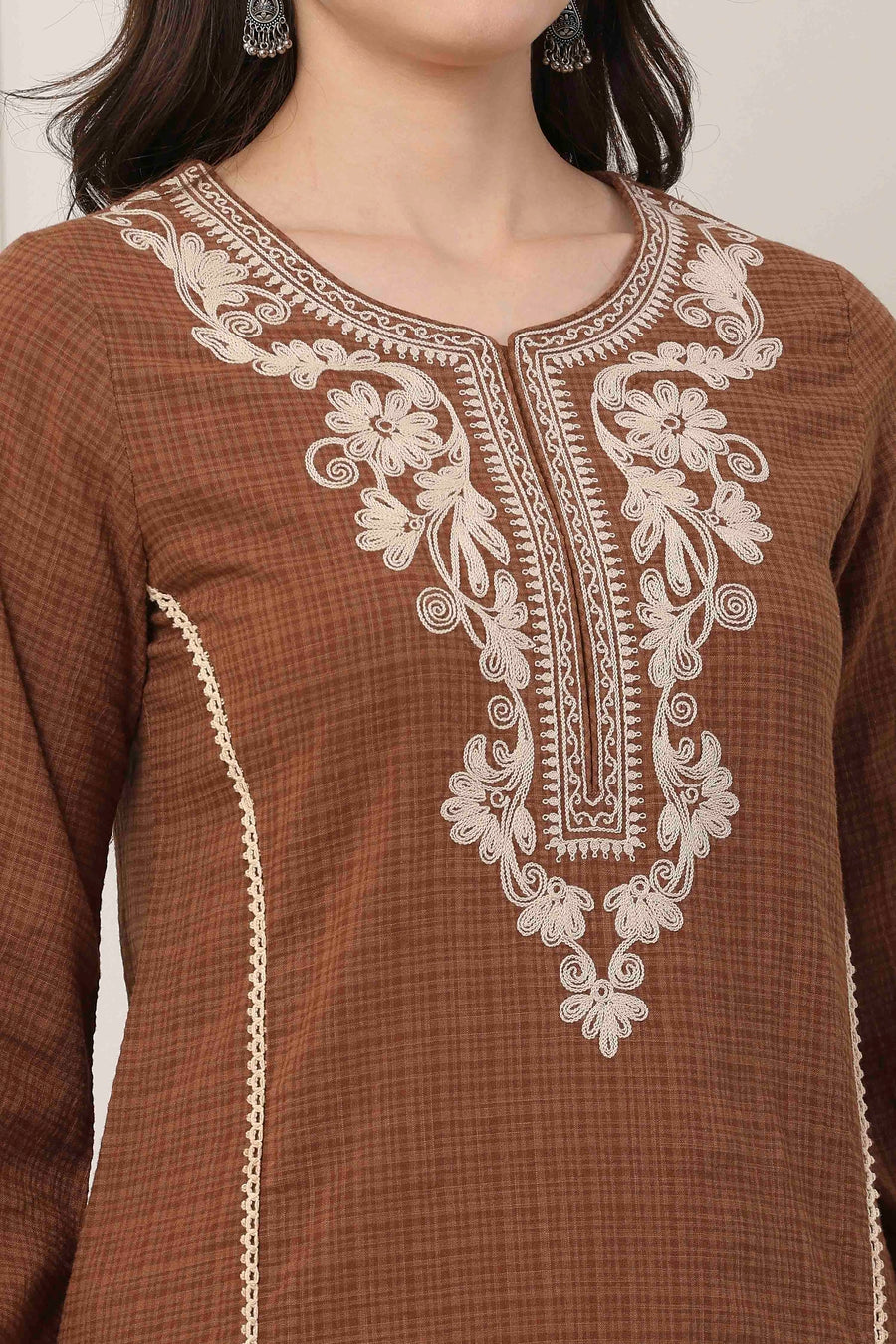 Brown Cotton Floral Yoke Embroidered Straight Kurti K60