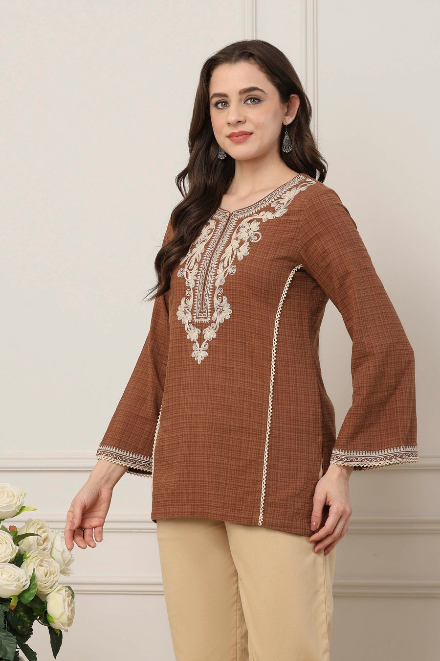 Brown Cotton Floral Yoke Embroidered Straight Kurti K60
