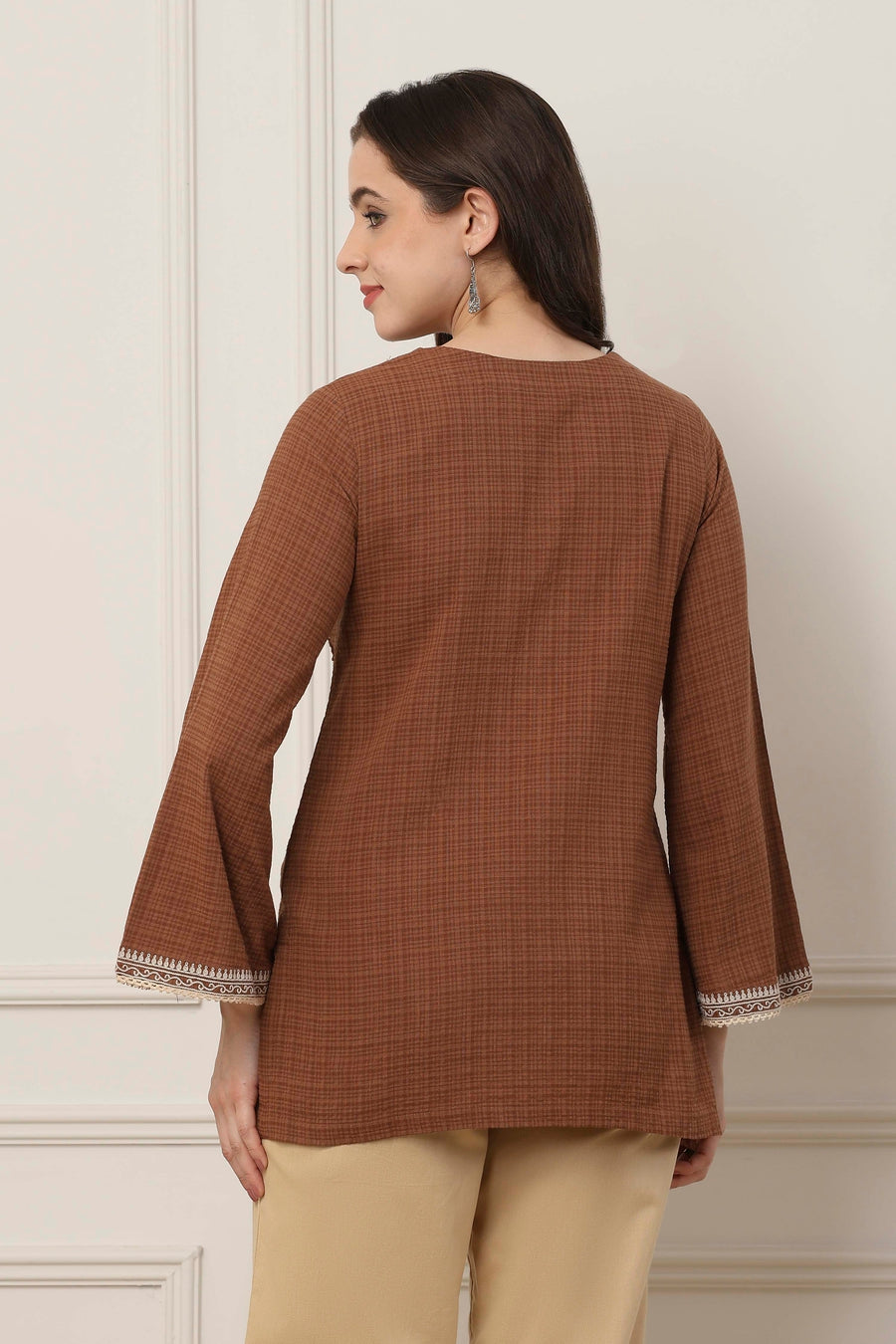 Brown Cotton Floral Yoke Embroidered Straight Kurti K60