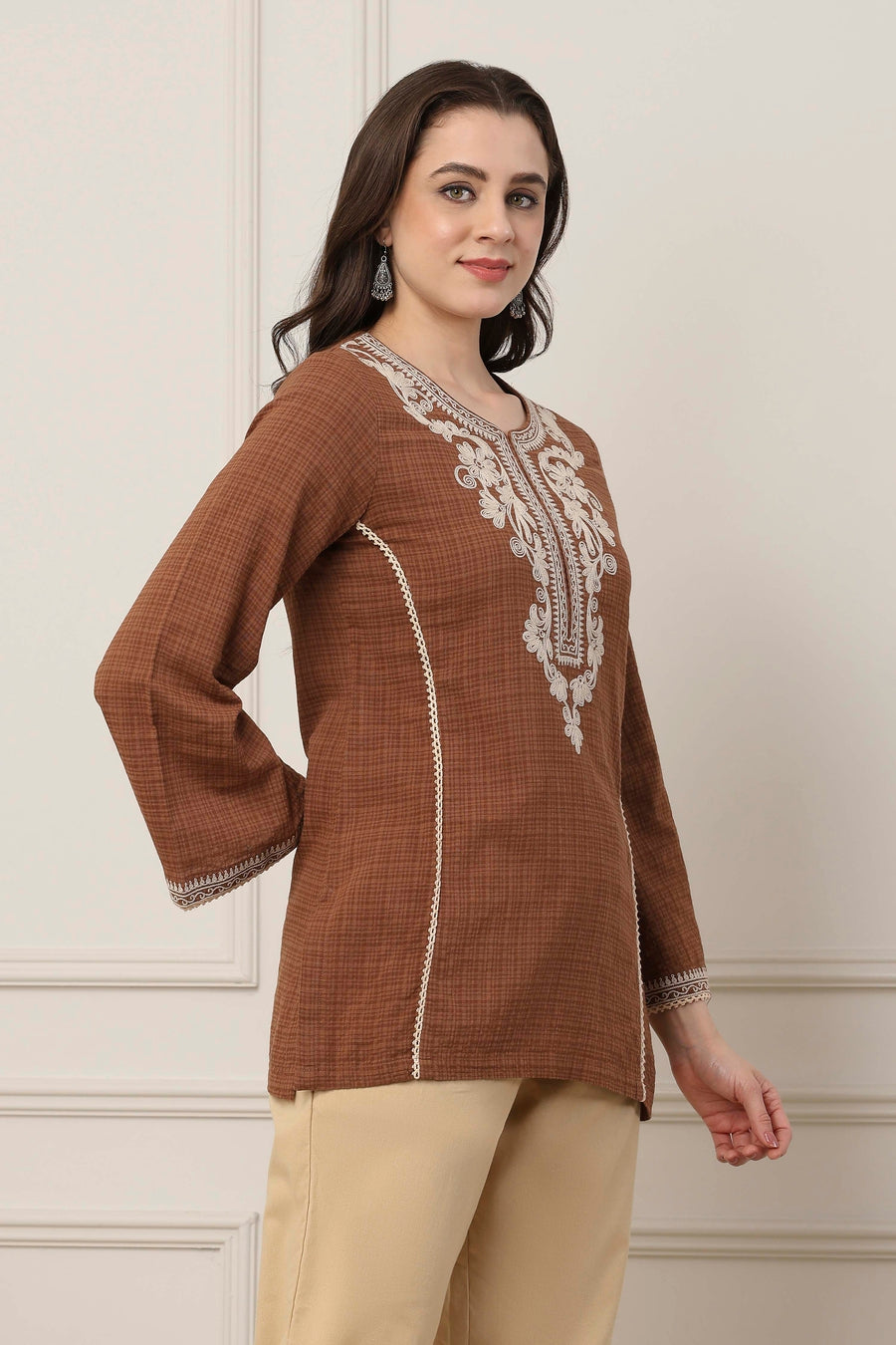 Brown Cotton Floral Yoke Embroidered Straight Kurti K60