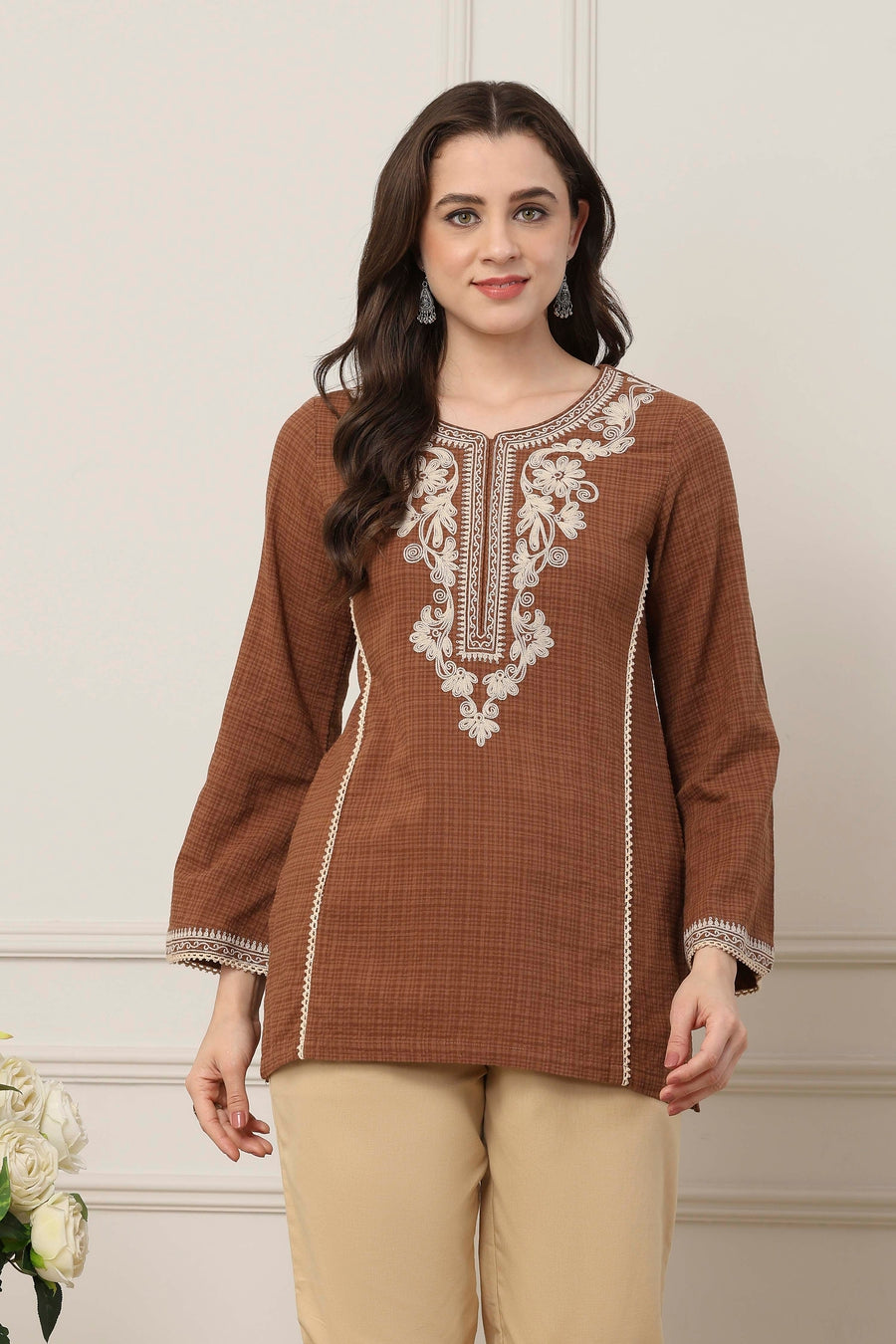 Brown Cotton Floral Yoke Embroidered Straight Kurti K60