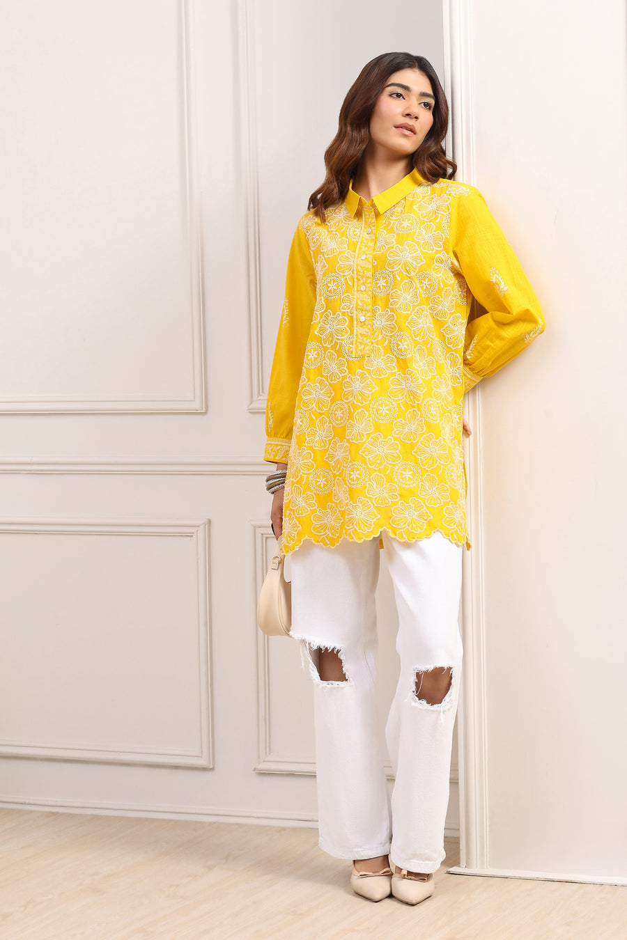 Yellow Cotton A-Line Short Kurti K60