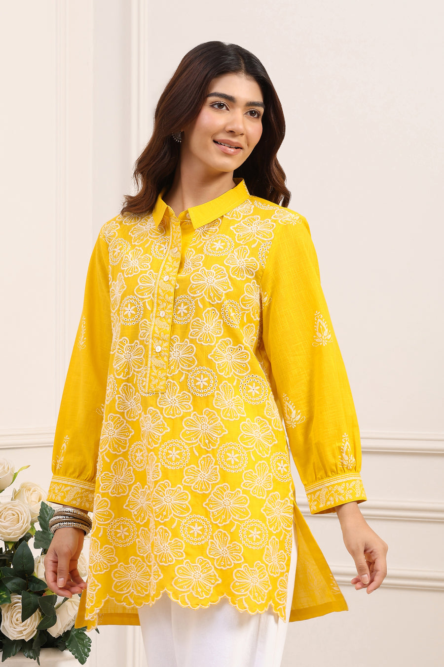 Yellow Cotton A-Line Short Kurti K60