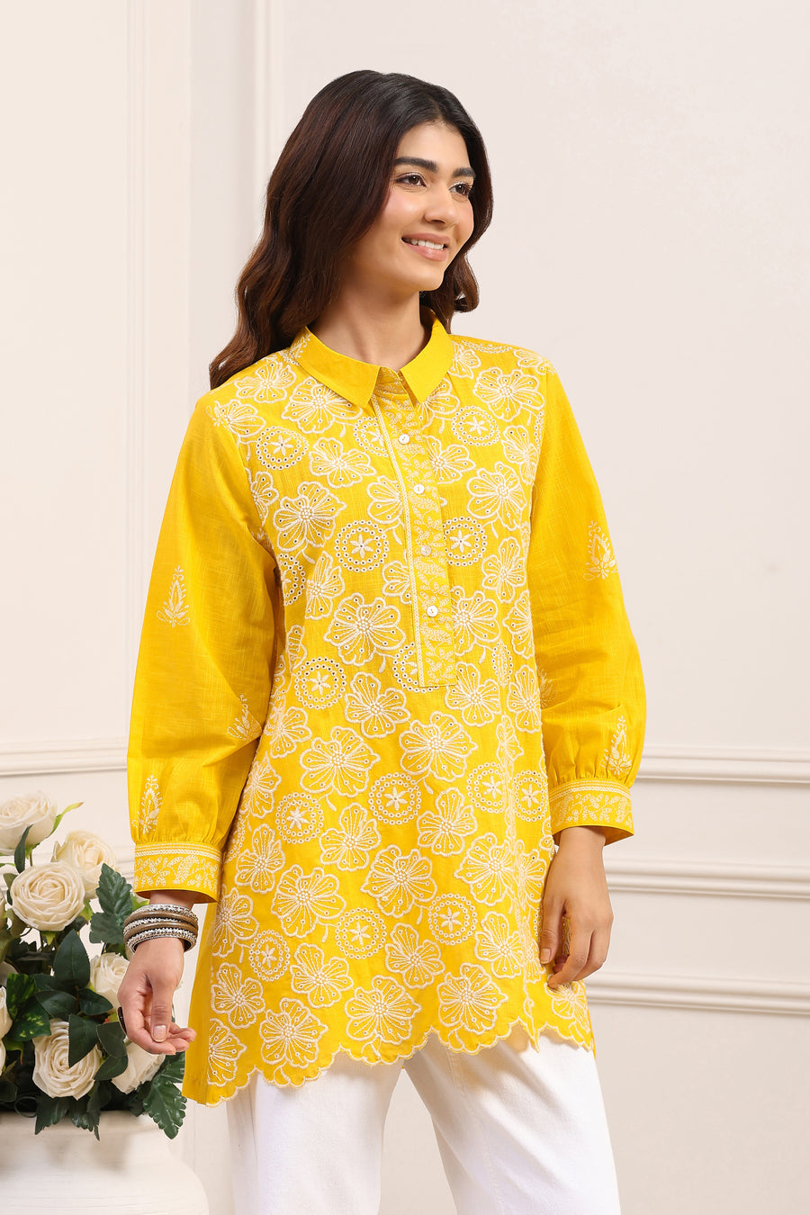 Yellow Cotton A-Line Short Kurti K60