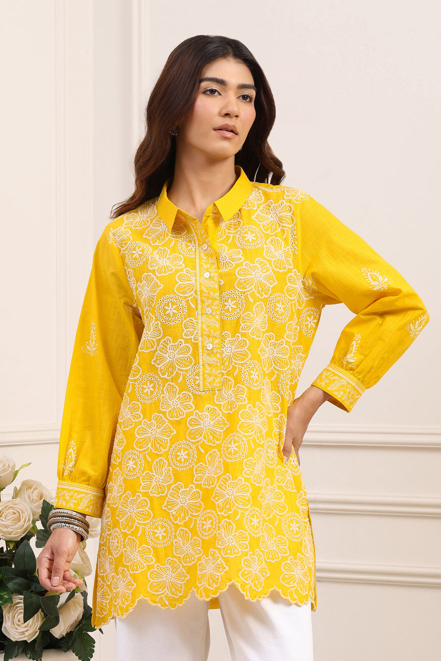 Yellow Cotton A-Line Short Kurti K60