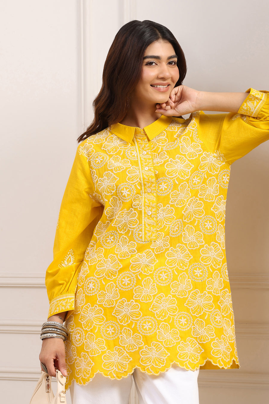 Yellow Cotton A-Line Short Kurti K60