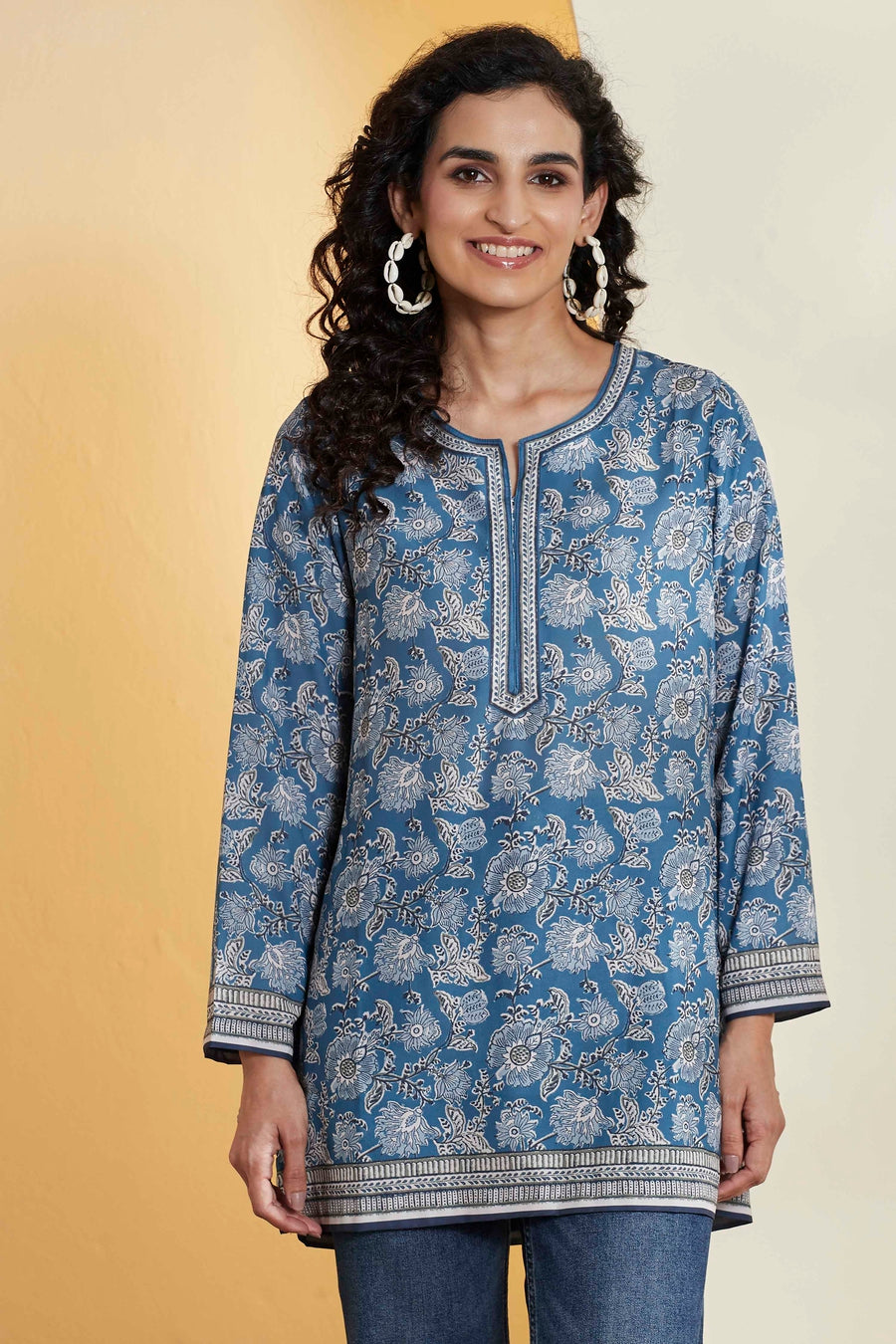Blue Floral Printed Straight Kurti K60