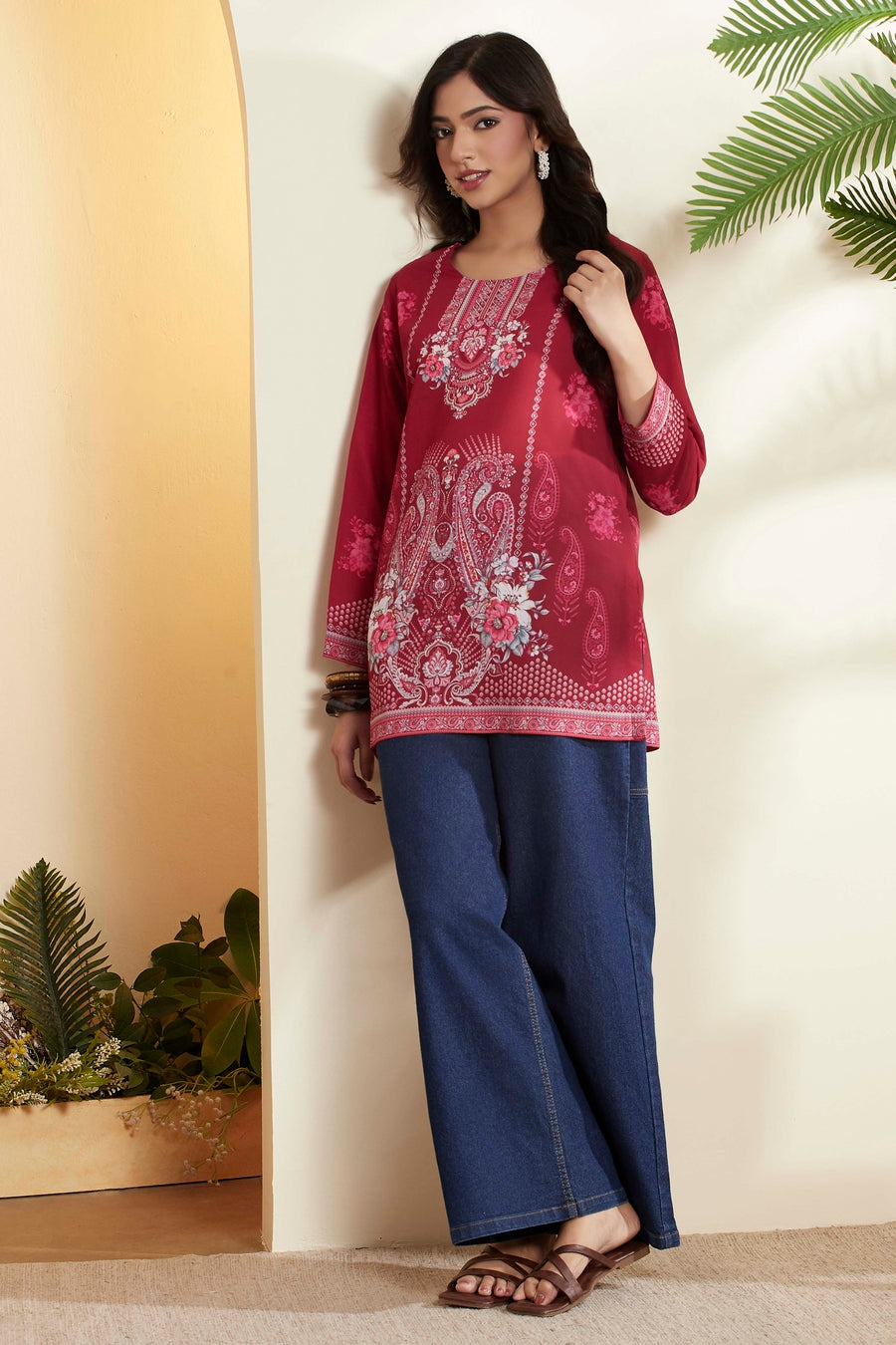 Maroon Floral Printed Straight Short Kurti K60