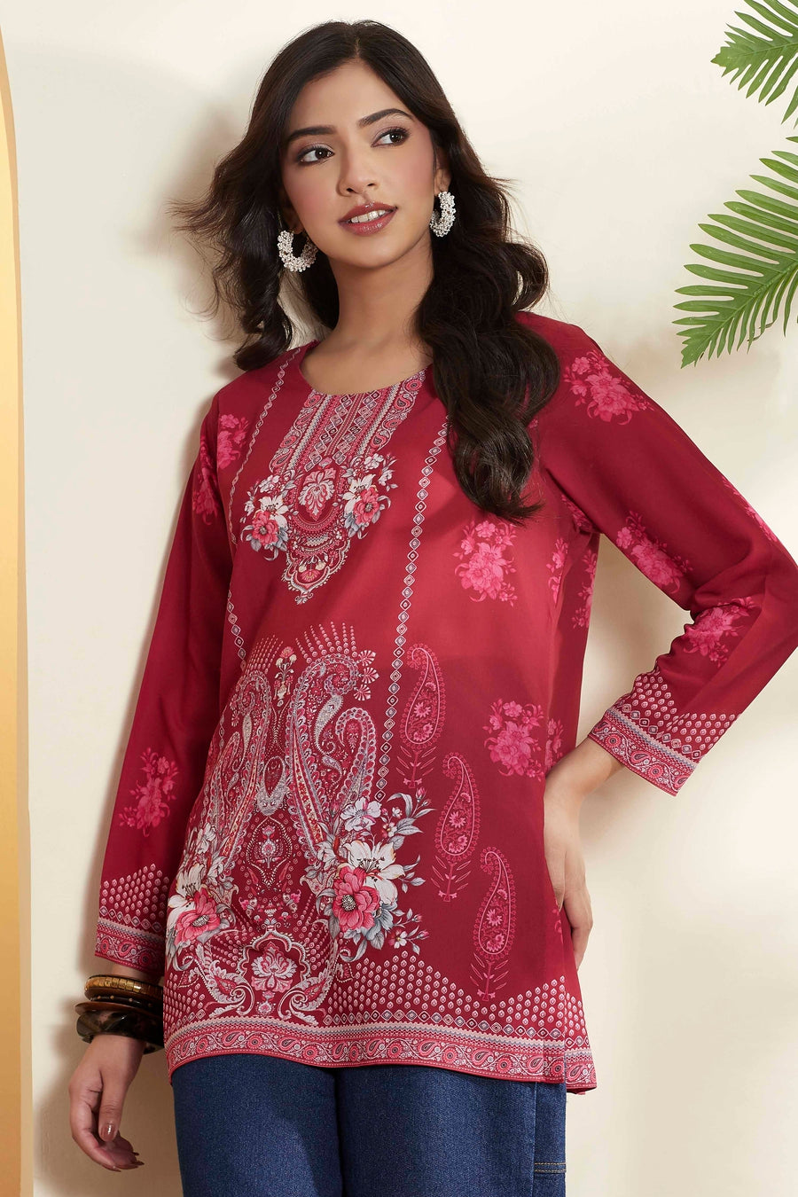 Maroon Floral Printed Straight Short Kurti K60
