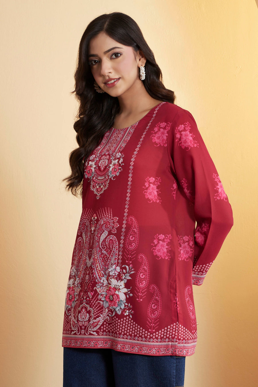 Maroon Floral Printed Straight Short Kurti K60
