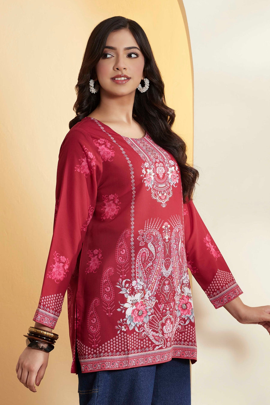 Maroon Floral Printed Straight Short Kurti K60