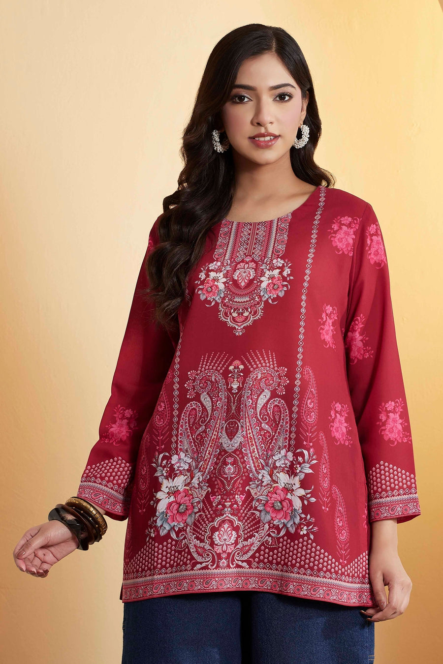 Maroon Floral Printed Straight Short Kurti K60