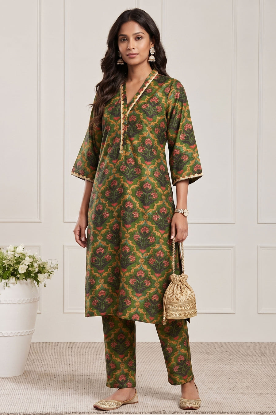 Green Poly Viscose Straight Kurta Pants Set KS60