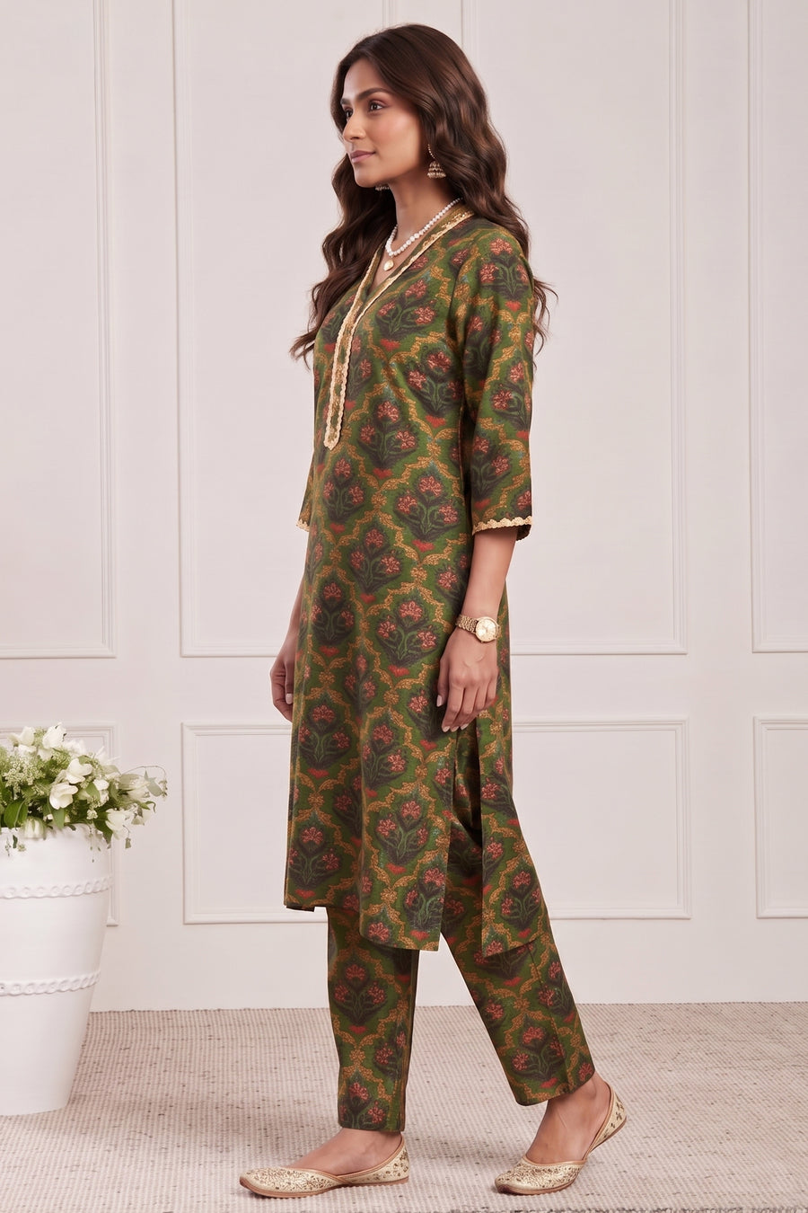 Green Poly Viscose Straight Kurta Pants Set KS60