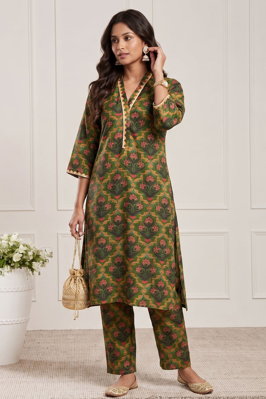 Green Poly Viscose Straight Kurta Pants Set KS60