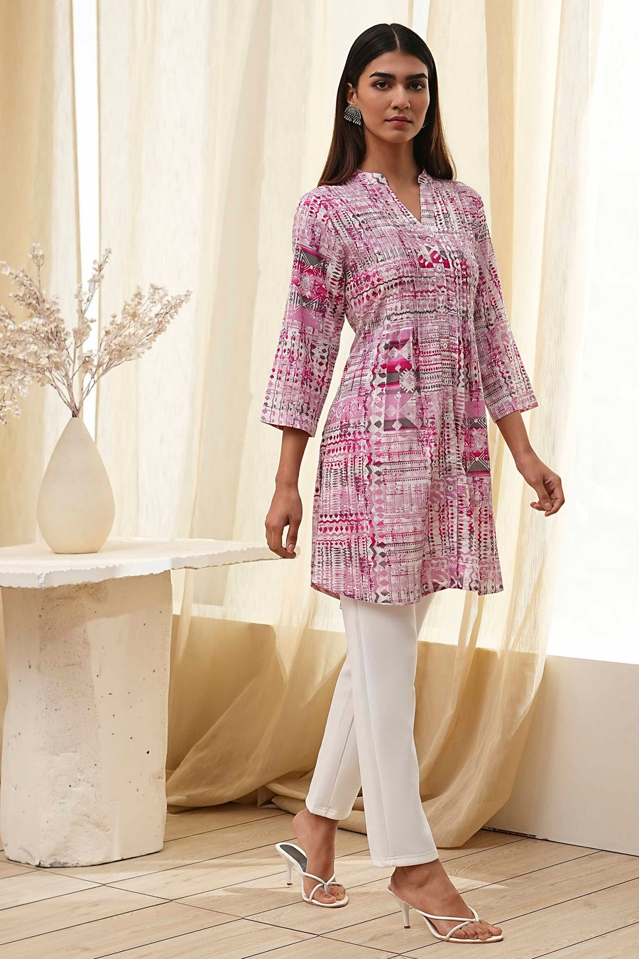Pink Printed Straight Short Kurta K60