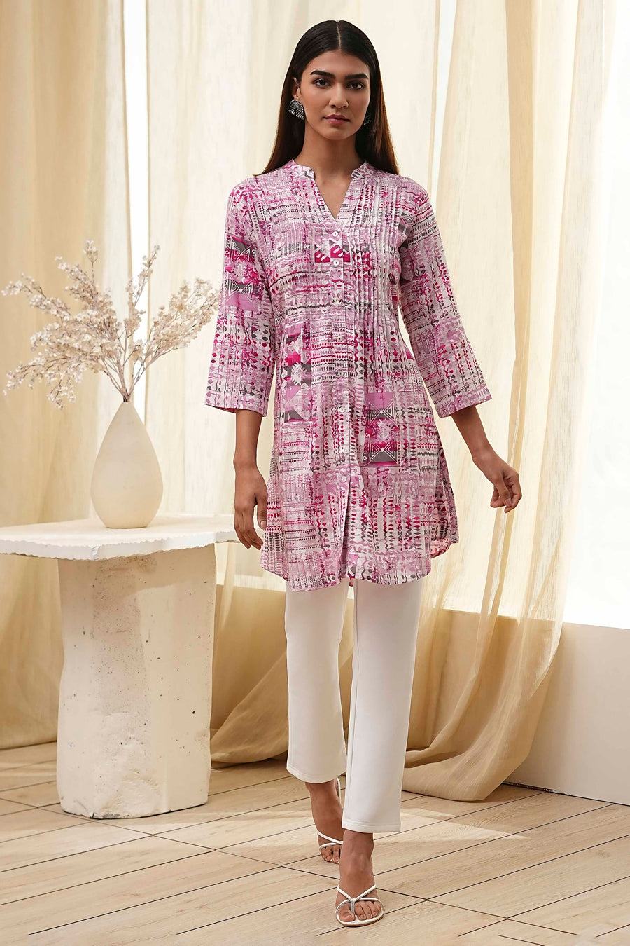 Pink Printed Straight Short Kurta K60