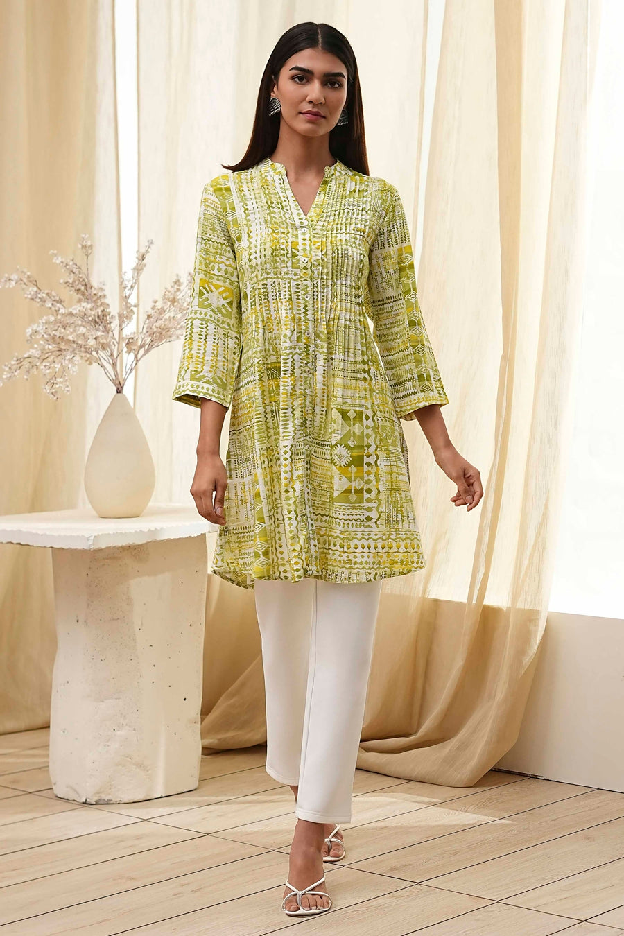 Lime Green Printed Straight Short Kurta K60