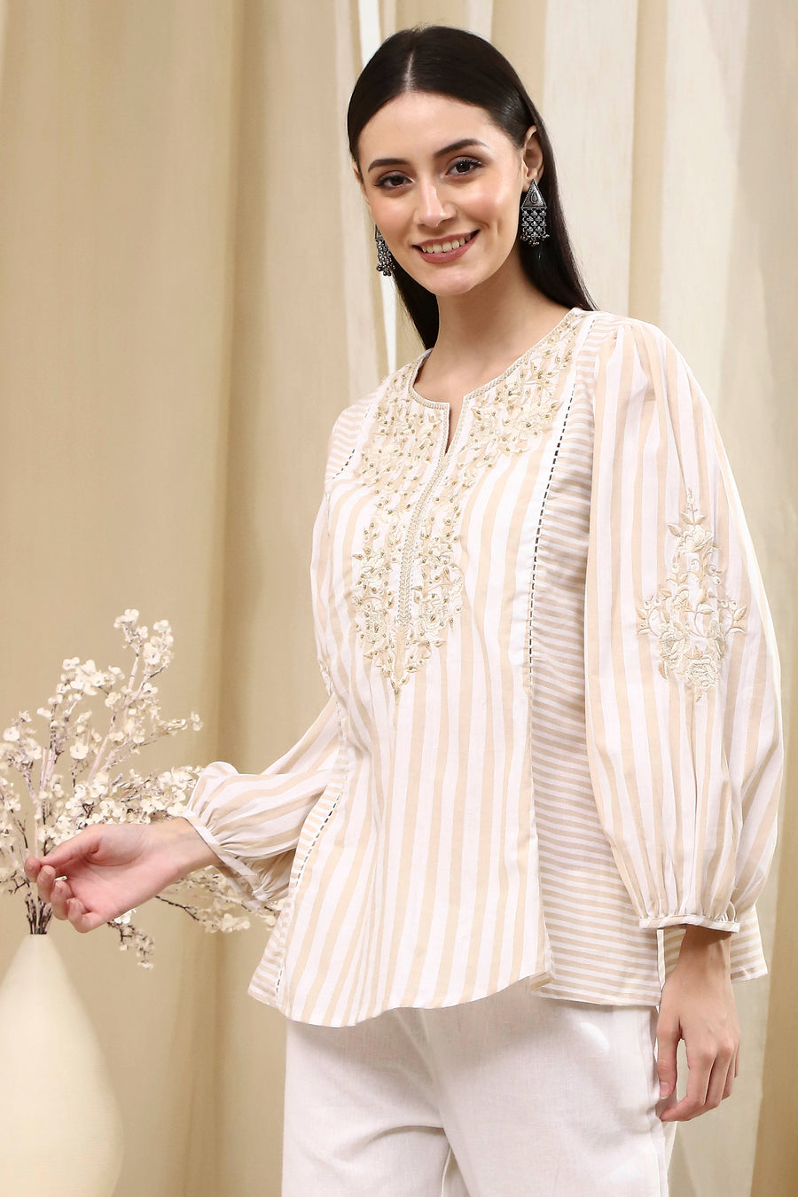 Beige Cotton A-Line Short Kurta K60