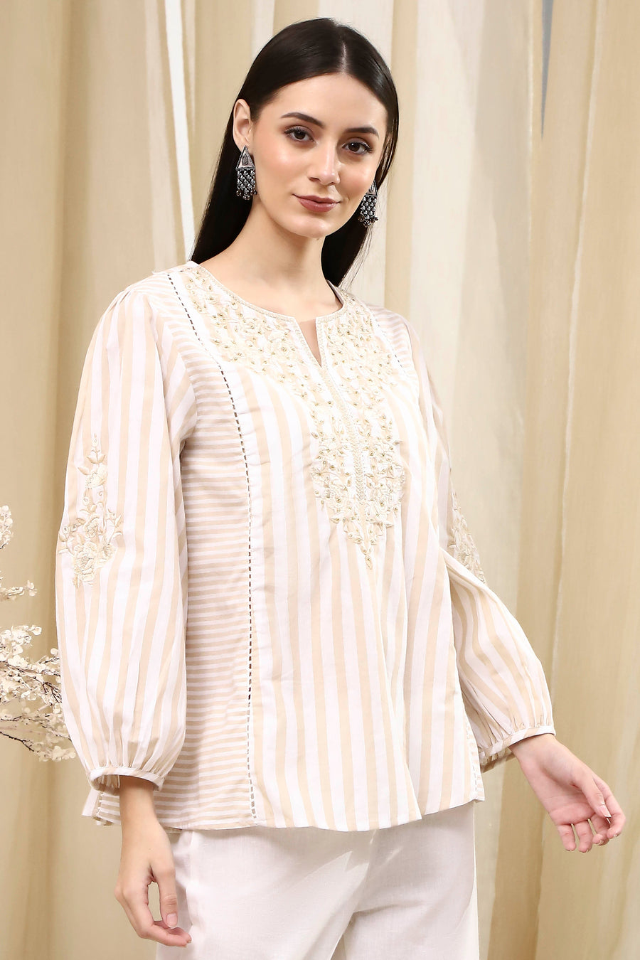 Beige Cotton A-Line Short Kurta K60