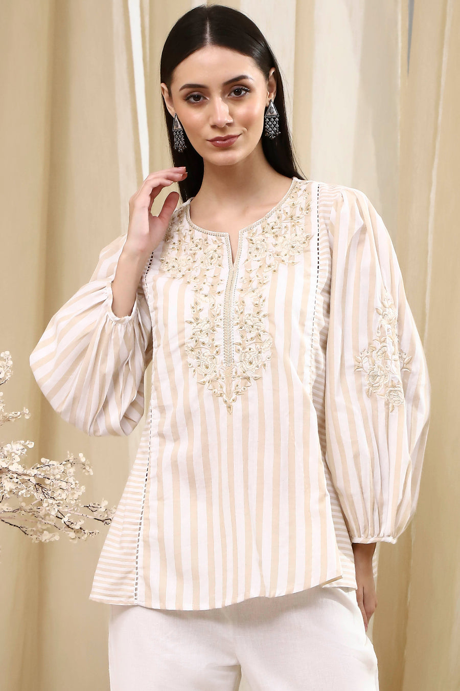 Beige Cotton A-Line Short Kurta K60
