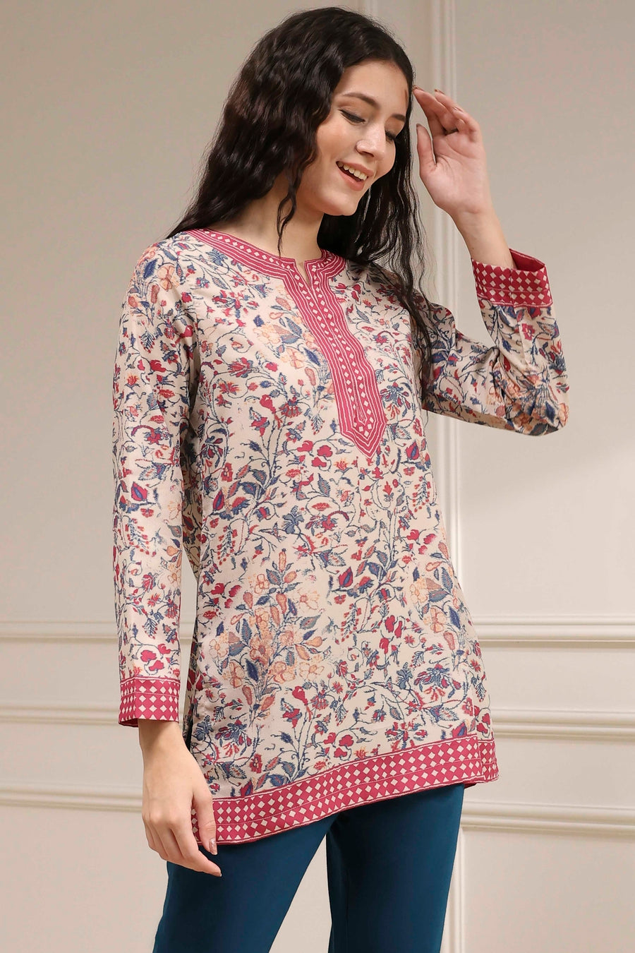 Beige Polyester Straight Printed Kurti K60