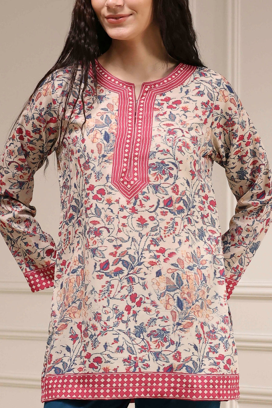 Beige Polyester Straight Printed Kurti K60