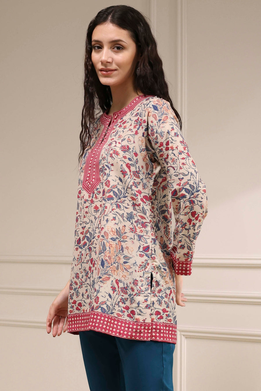 Beige Polyester Straight Printed Kurti K60