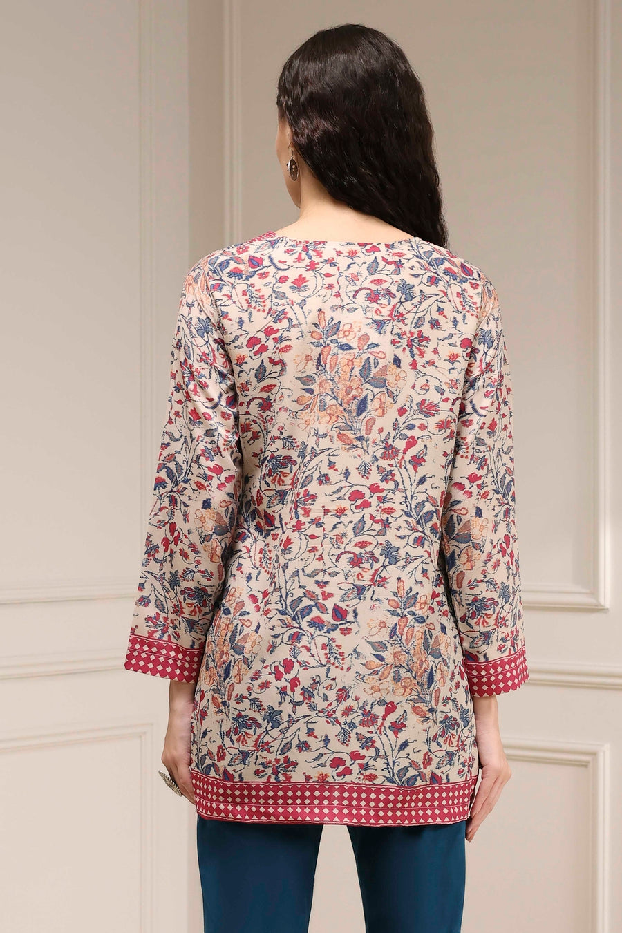 Beige Polyester Straight Printed Kurti K60