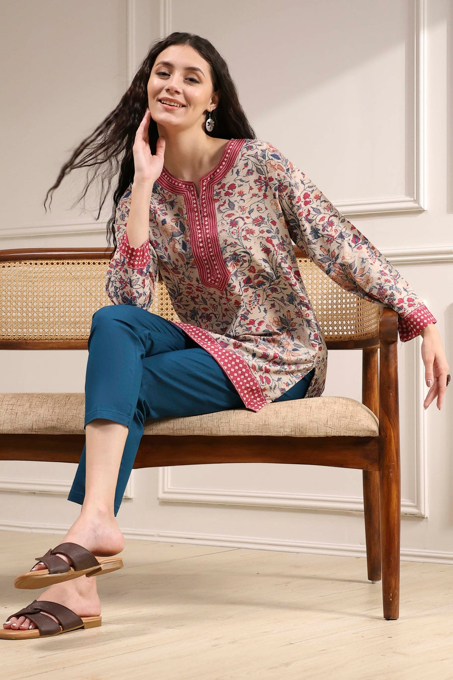 Beige Polyester Straight Printed Kurti K60